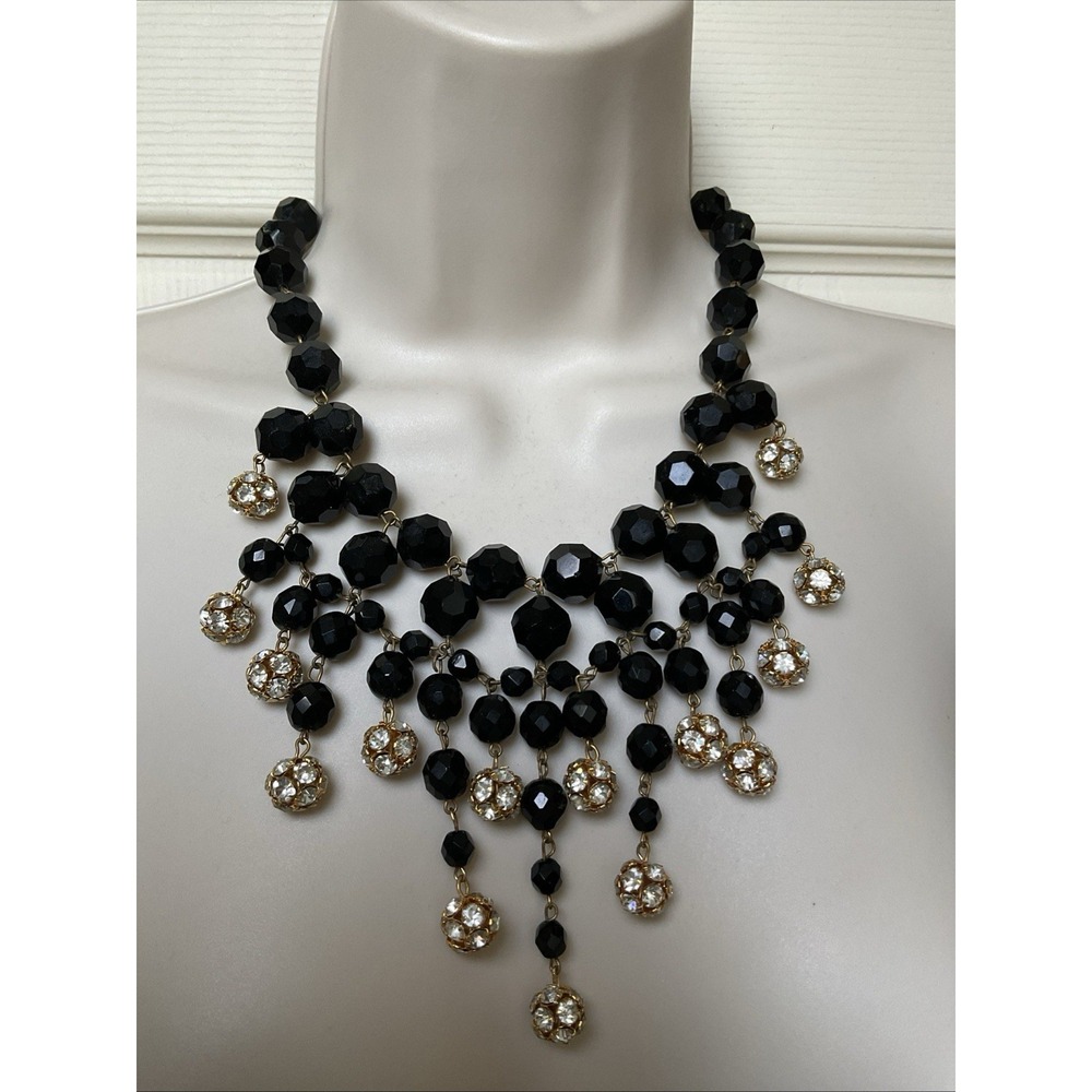 Jay Feinberg Bib Statement Necklace Black Bead Rhinestone Pave Globes